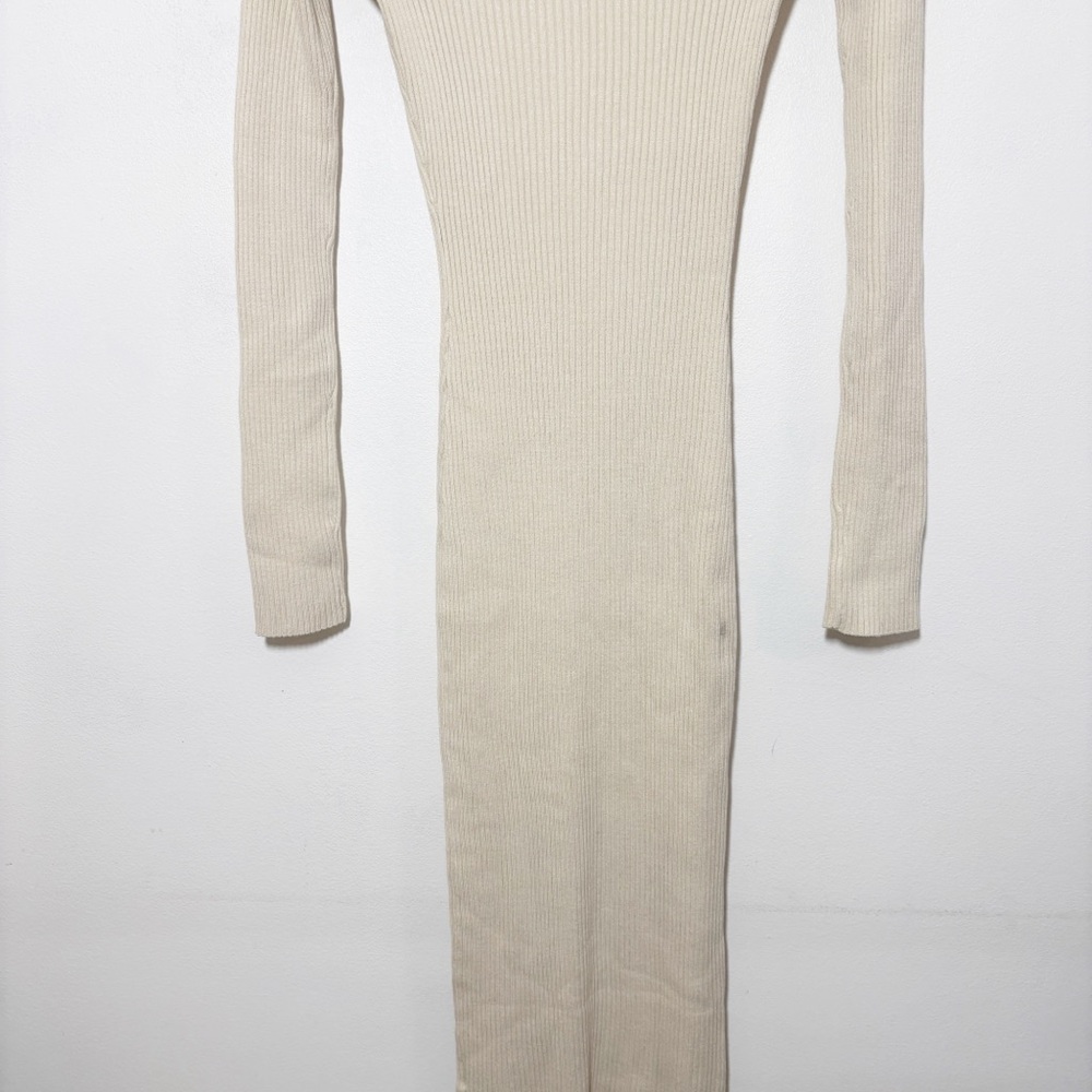 NWT H&M Ribbed Knit Bodycon Dress Long Sleeves Beige Sz S - Picture 7 of 14